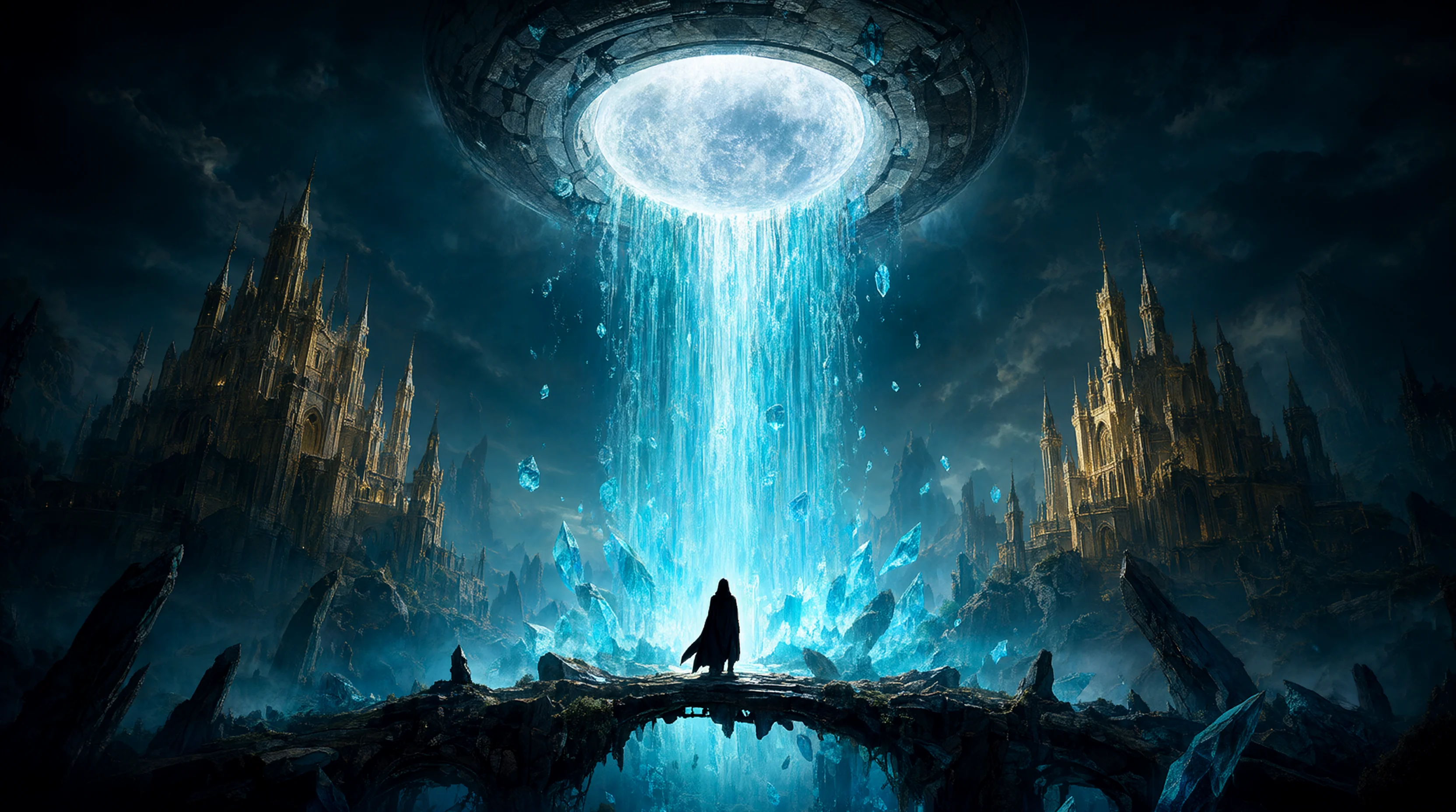 A lone figure on a broken bridge beneath the shattered ring-moon.